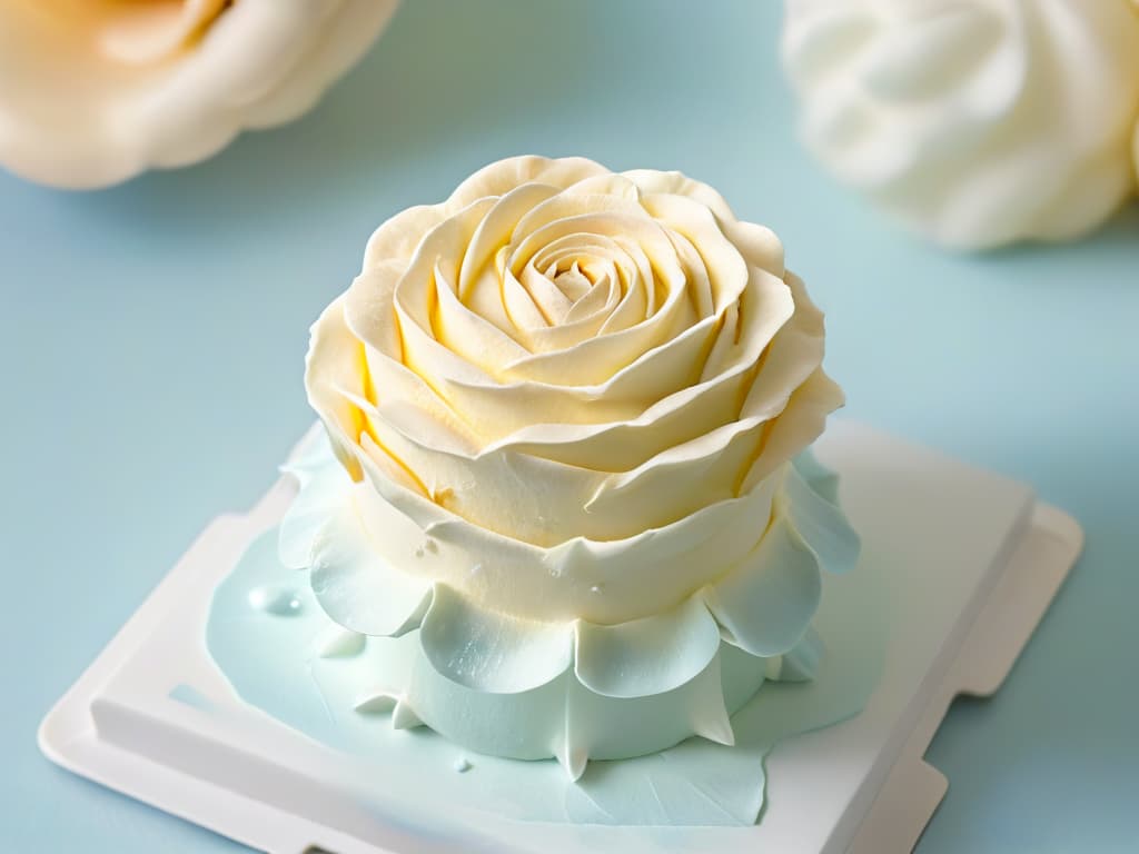  A closeup, ultradetailed image of a single perfectly sculpted, shimmering sugar rose, delicately placed on top of a pristine white frosted cupcake. The intricate details of the rose petals are visible, showcasing the skill and artistry involved in creating edible decorations. The background is blurred to keep the focus solely on the exquisite sugar rose, emphasizing its elegance and beauty. hyperrealistic, full body, detailed clothing, highly detailed, cinematic lighting, stunningly beautiful, intricate, sharp focus, f/1. 8, 85mm, (centered image composition), (professionally color graded), ((bright soft diffused light)), volumetric fog, trending on instagram, trending on tumblr, HDR 4K, 8K