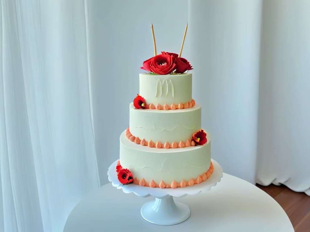  A serene, minimalist kitchen setting with a marble countertop showcasing a beautifully crafted tiered cake adorned with intricate sugar flowers and delicate piping details. Soft natural light filters through sheer curtains, casting gentle shadows on the flawless dessert masterpiece. The image exudes elegance and precision, embodying the essence of exclusive pastry retreats for skilled bakers seeking to elevate their craft. hyperrealistic, full body, detailed clothing, highly detailed, cinematic lighting, stunningly beautiful, intricate, sharp focus, f/1. 8, 85mm, (centered image composition), (professionally color graded), ((bright soft diffused light)), volumetric fog, trending on instagram, trending on tumblr, HDR 4K, 8K