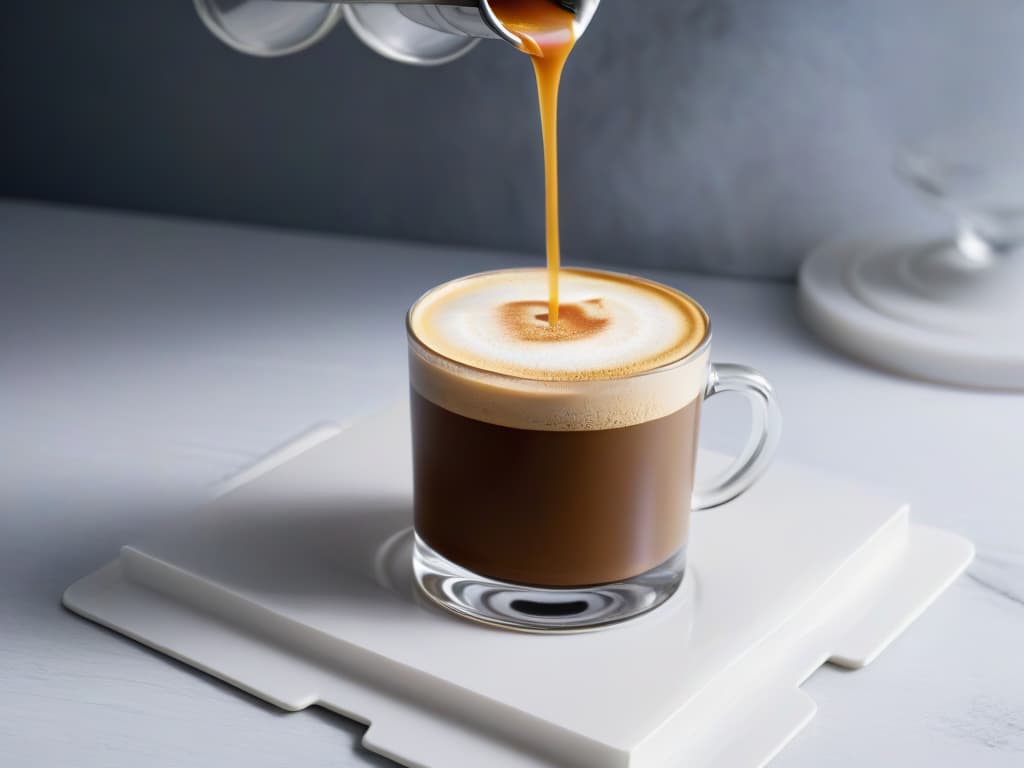  A closeup, ultradetailed image of a perfectly crafted espresso shot in a transparent glass cup, showcasing the rich crema on top, with a background of a beautifully textured marble countertop and a subtle wisp of steam rising from the dark, aromatic brew. hyperrealistic, full body, detailed clothing, highly detailed, cinematic lighting, stunningly beautiful, intricate, sharp focus, f/1. 8, 85mm, (centered image composition), (professionally color graded), ((bright soft diffused light)), volumetric fog, trending on instagram, trending on tumblr, HDR 4K, 8K