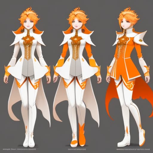  Character Sheet, Goddess, Fire Goddess, Young Woman, Short Blonde, Orange Eyes, White long tailcoat accented by Orange, White knee-high boots accented by orange, Grey Leggings, Anime, Fantasy, Futuristic, Modern