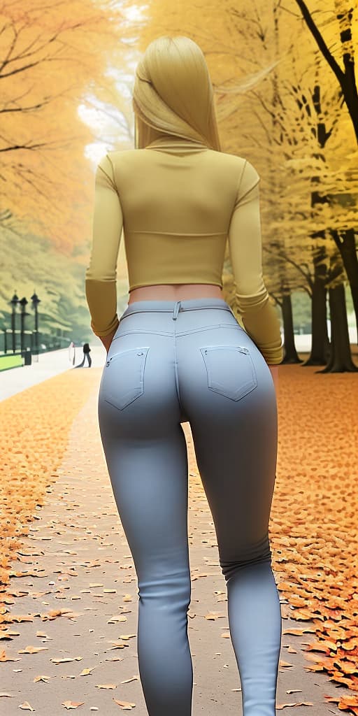  girl-blonde, with her back, in pants, walking through the park, autumn. I want to take a closer look at her ass