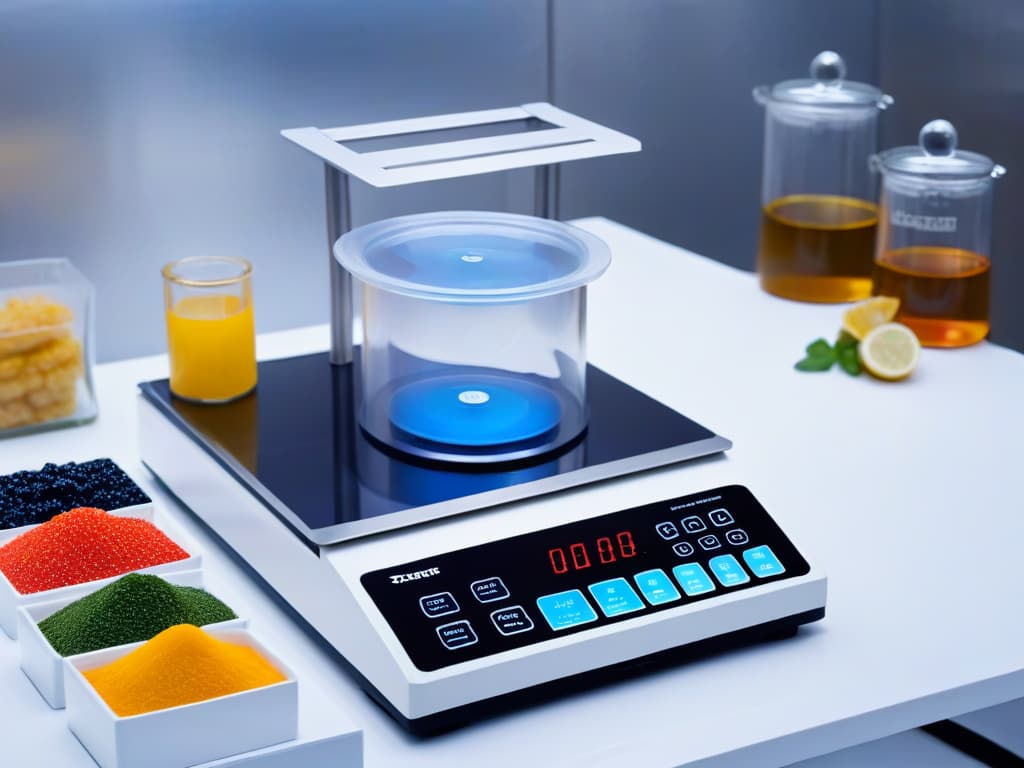  An ultradetailed image of a sleek, modern molecular gastronomy kitchen setup, featuring stateoftheart kitchen equipment like precision scales, molecular gastronomy kits, pipettes, agar agar, and various food additives neatly organized on a minimalist countertop. The image showcases a futuristic aesthetic with clean lines, hightech gadgets, and an overall sophisticated feel, appealing to aspiring molecular pastry chefs looking to elevate their skills. hyperrealistic, full body, detailed clothing, highly detailed, cinematic lighting, stunningly beautiful, intricate, sharp focus, f/1. 8, 85mm, (centered image composition), (professionally color graded), ((bright soft diffused light)), volumetric fog, trending on instagram, trending on tumblr, HDR 4K, 8K