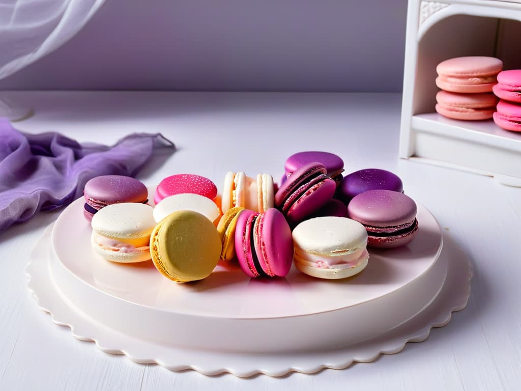  An ultradetailed, 8k image of a pristine white dessert plate delicately decorated with vibrant, colorful macarons arranged in a perfect gradient from deep purple to soft pink, exuding an air of elegance and sophistication. The smooth, shiny surface of the macarons reflects the light, creating a mesmerizing play of shadows and highlights that highlight the visual impact of color in the culinary experience. hyperrealistic, full body, detailed clothing, highly detailed, cinematic lighting, stunningly beautiful, intricate, sharp focus, f/1. 8, 85mm, (centered image composition), (professionally color graded), ((bright soft diffused light)), volumetric fog, trending on instagram, trending on tumblr, HDR 4K, 8K