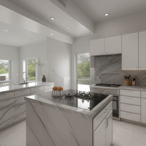  kitchen decorated with uniform light grey or off white cabinets, keeping the existing granite countertops unchanged, modern lighting, photorealistic, contrast, high quality, hyper realistic, clear features, highly detailed, natural lighting, sharp focus, f/1.8, 85mm, high contrast, HDR 4K, 8K