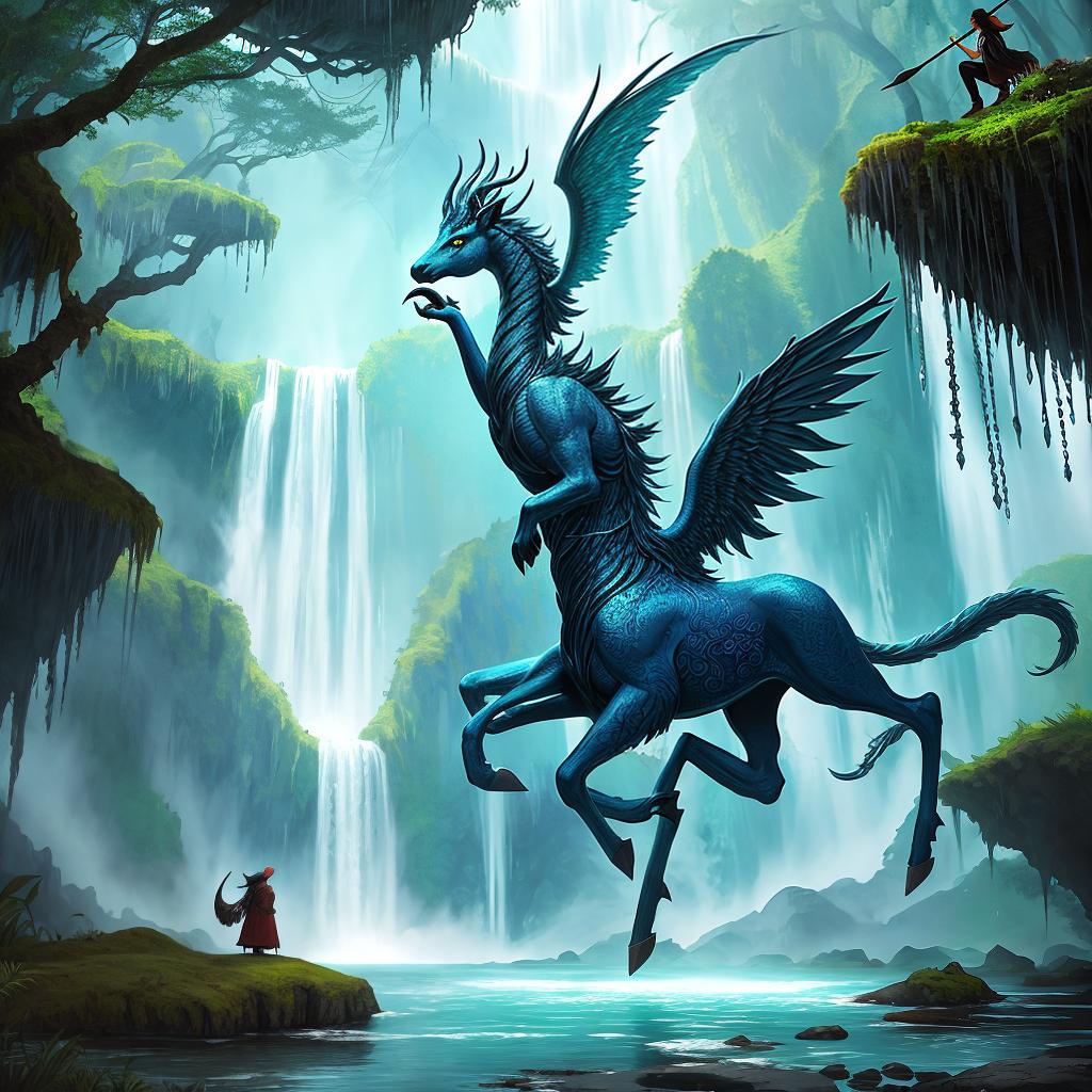  in a fantasy setting, Paint a surreal landscape where mythical beasts roam amidst cascading waterfalls.