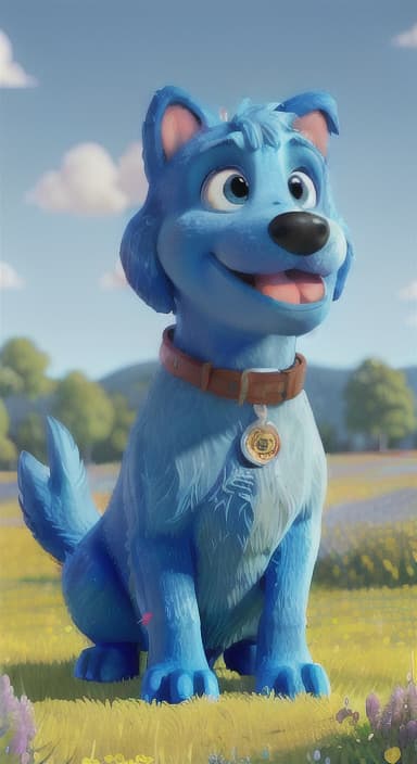  {A happy, big blue dog wagging its tail in a colorful meadow, The big blue dog is large with sky blue fur, big round eyes, a black nose, and floppy ears.