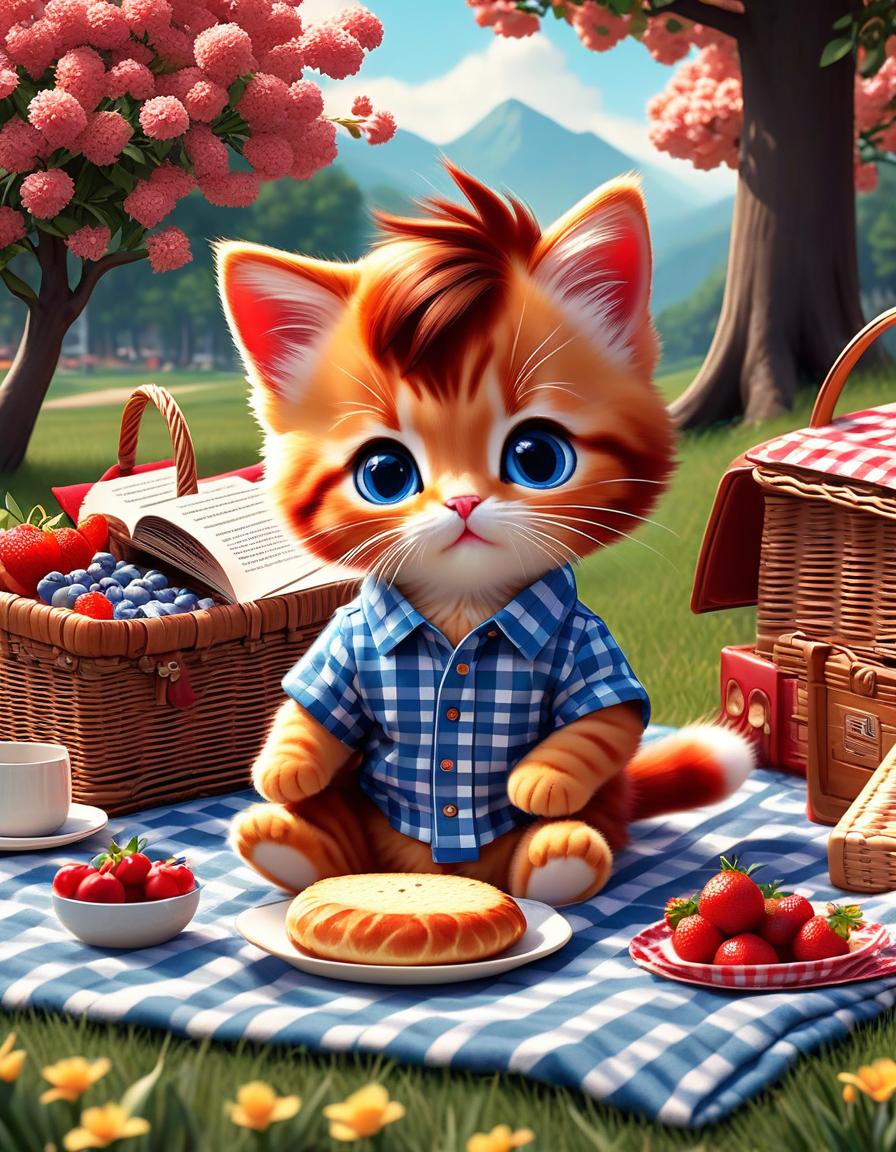  retro game art cute funny funny ren a boy with brown hair, blue eyes and a with hair on a picnic, sitting on a blanket, next to beautiful food, books, magazines, next to a funny red kitten, flowers . 16 bit, vint colors, pixelated, nostalgic, charming, fun hyperrealistic, full body, detailed clothing, highly detailed, cinematic lighting, stunningly beautiful, intricate, sharp focus, f/1. 8, 85mm, (centered image composition), (professionally color graded), ((bright soft diffused light)), volumetric fog, trending on instagram, trending on tumblr, HDR 4K, 8K