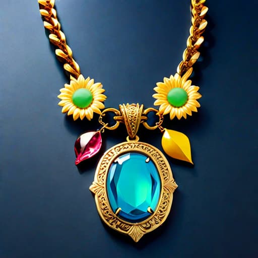  Subject Detail: The image depicts a chain necklace with summer-colored parts. The necklace has an ornate pendant, machined by CNC, Medium: This artwork is highly detailed and photorealistic. Art Style: The art style is a blend of Irregular Choice, Buffalo London and Osamu Tezuka hyperrealistic, full body, detailed clothing, highly detailed, cinematic lighting, stunningly beautiful, intricate, sharp focus, f/1. 8, 85mm, (centered image composition), (professionally color graded), ((bright soft diffused light)), volumetric fog, trending on instagram, trending on tumblr, HDR 4K, 8K