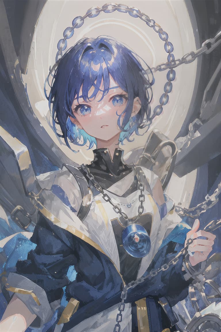  master piece , best quality,Blue hair, short hair, female hero, silver chain, rape