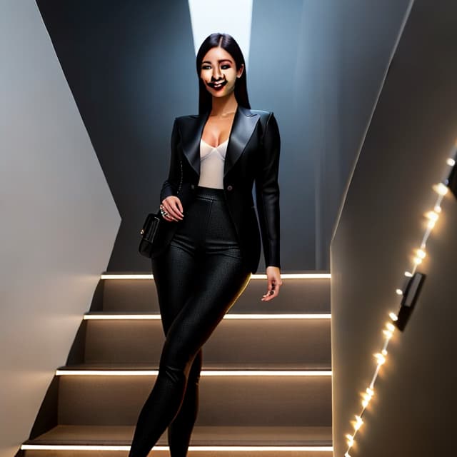  Real, portrait, warm smile, sophisticated, courier climbing stairs, studio lighting hyperrealistic, full body, detailed clothing, highly detailed, cinematic lighting, stunningly beautiful, intricate, sharp focus, f/1. 8, 85mm, (centered image composition), (professionally color graded), ((bright soft diffused light)), volumetric fog, trending on instagram, trending on tumblr, HDR 4K, 8K