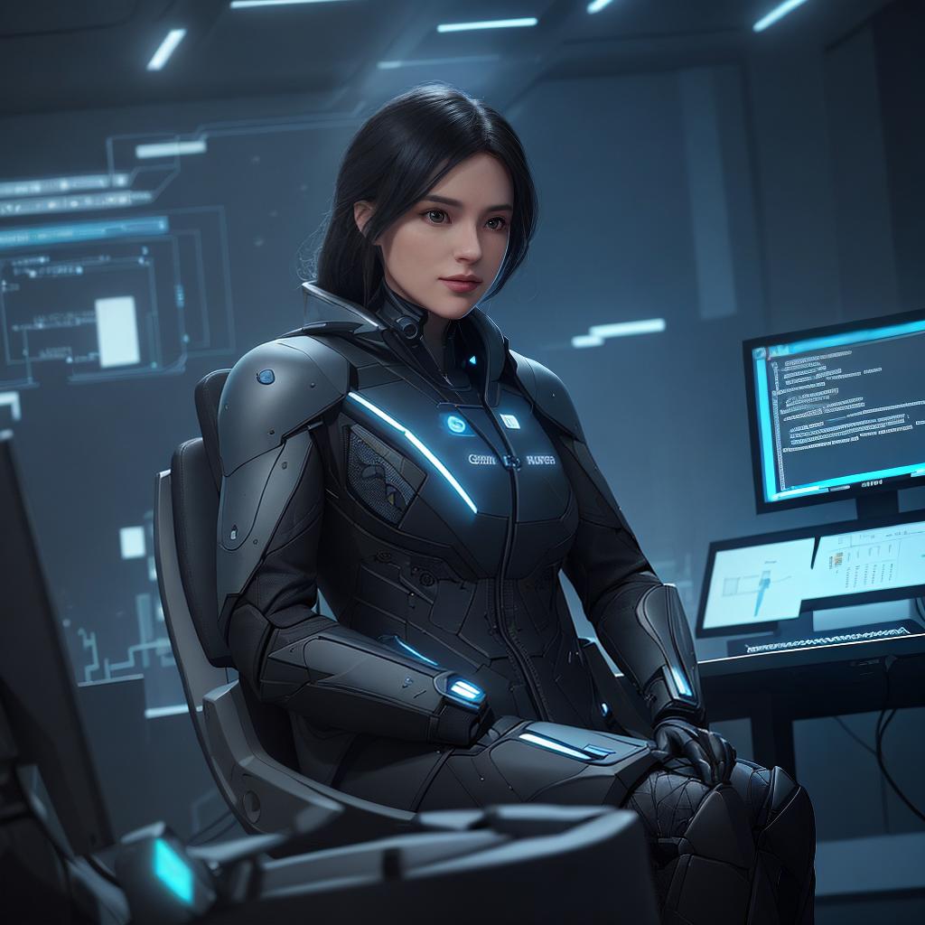  A cybersecurity expert in a stylish black suit sits in a dimly lit room with computer screens displaying lines of code and intricate network diagrams. The environment is a high-tech control center full of futuristic gadgets and sophisticated security systems. The atmosphere is tense and focused, and there is a sense of urgency in the air. Style is a realistic digital illustration showing complex details of a professional's face and equipment. Lighting is a combination of soft blue ambient light and glow from a computer screen. Implementation: Digital illustrations with professional 3D models using Adobe Photoshop, with high quality textures and lighting effects.