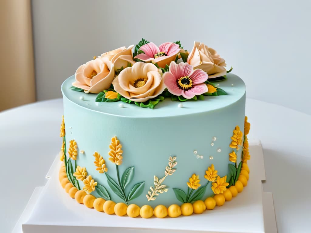  A minimalistic image of a beautifully decorated cake display in a pastelería, featuring intricate designs of flowers and foliage in pastel colors, with delicate piping work and gold accents. The display is set against a clean, white background to highlight the exquisite details of the cakes, showcasing the artistry and craftsmanship that goes into creating themed products for a bakery. hyperrealistic, full body, detailed clothing, highly detailed, cinematic lighting, stunningly beautiful, intricate, sharp focus, f/1. 8, 85mm, (centered image composition), (professionally color graded), ((bright soft diffused light)), volumetric fog, trending on instagram, trending on tumblr, HDR 4K, 8K