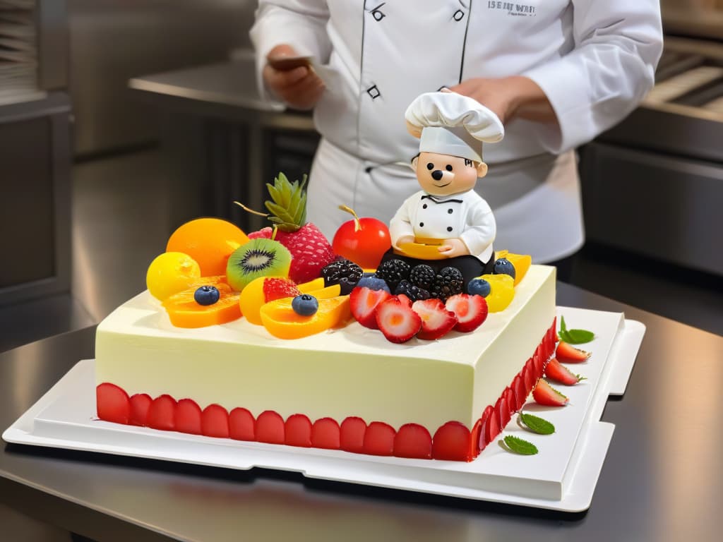  A photorealistic image of a chef in a modern kitchen, meticulously piping intricate designs with vibrant colored mousses and gels onto a dessert masterpiece. The chef's focused expression, the glossy countertops reflecting the artistry, and the array of fresh fruits and edible flowers in the background all add to the luxurious and innovative feel of the culinary creation process. hyperrealistic, full body, detailed clothing, highly detailed, cinematic lighting, stunningly beautiful, intricate, sharp focus, f/1. 8, 85mm, (centered image composition), (professionally color graded), ((bright soft diffused light)), volumetric fog, trending on instagram, trending on tumblr, HDR 4K, 8K