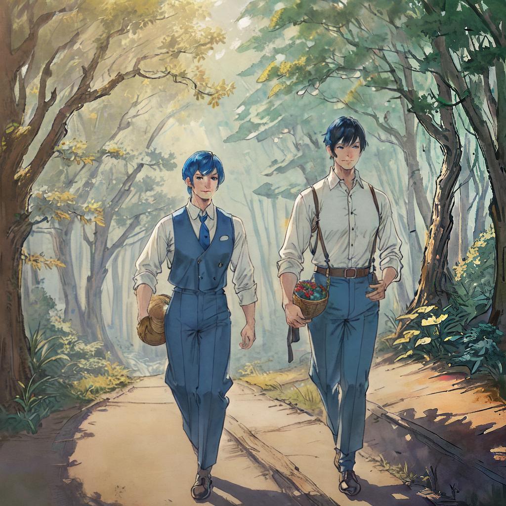  ((masterpiece)), (((best quality))), 8k, high detailed, ultra-detailed. Annasophia Robb lookalike with blue eyes, short messy blue pixie haircut, freckles, wearing a tailored button-up shirt, tie, fitted suspender pants, walking along a winding forest path, with sunlight filtering through the trees, carrying a wicker basket filled with fresh berries. hyperrealistic, full body, detailed clothing, highly detailed, cinematic lighting, stunningly beautiful, intricate, sharp focus, f/1. 8, 85mm, (centered image composition), (professionally color graded), ((bright soft diffused light)), volumetric fog, trending on instagram, trending on tumblr, HDR 4K, 8K
