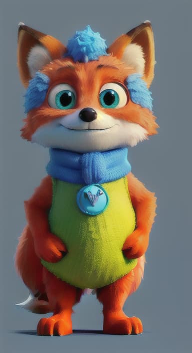  {Error the fox pressing the blue button with his paw, looking puzzled as nothing occurs., Error is a small, bright orange fox with a fluffy tail and big, inquisitive eyes. He has a mischievous yet kind expression and wears a tiny green scarf.