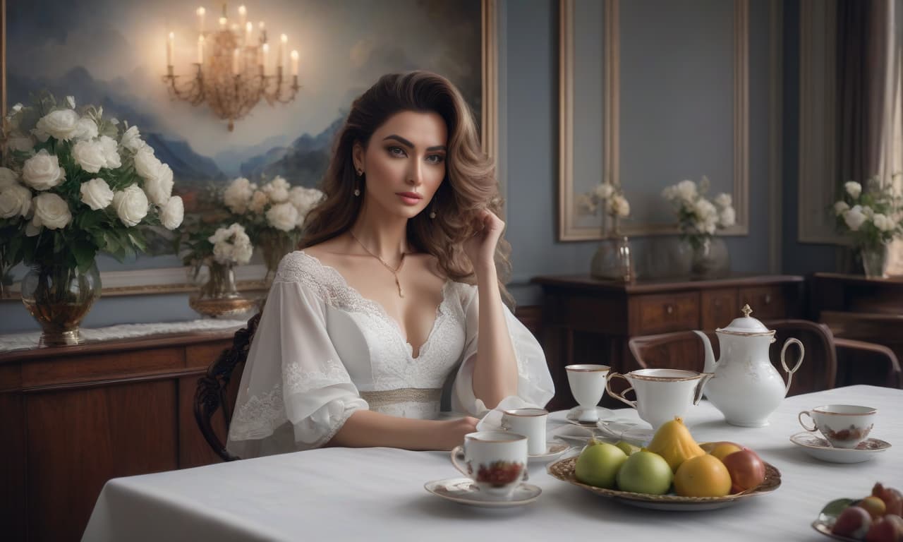  Oil painting, masterpiece, Girl with wavy chestnut hair sits at a table with a white tablecloth, Vase with flowers, tea cup and fruit bowl on the table, Serov hyperrealistic, full body, detailed clothing, highly detailed, cinematic lighting, stunningly beautiful, intricate, sharp focus, f/1. 8, 85mm, (centered image composition), (professionally color graded), ((bright soft diffused light)), volumetric fog, trending on instagram, trending on tumblr, HDR 4K, 8K