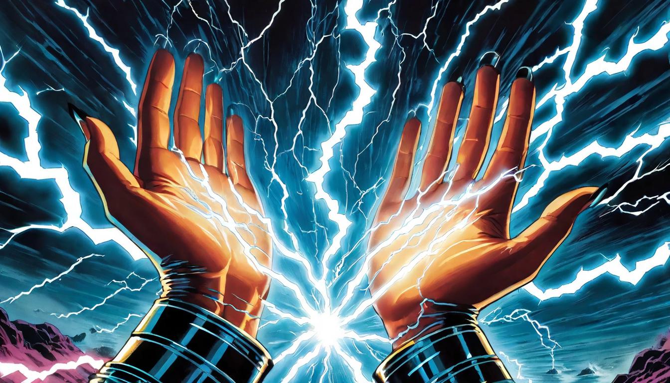  retro futuristic Hands (metaphorically represented by water streams) channeling a torrent of lightning, turning turmoil into energy, Harnessing, dynamic, empowering lvintage sci fi, 50s and 60s style, atomic age, vibrant, highly detailed