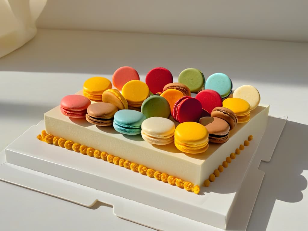  An ultradetailed, 8k image of a sleek, minimalistic dessert plate presentation featuring a meticulously arranged, geometrically precise display of vibrant, colorful macarons in various flavors and sizes. The background is a soft, neutral tone to allow the intricate dessert design to stand out, showcasing the artful combination of design elements and culinary aesthetics. hyperrealistic, full body, detailed clothing, highly detailed, cinematic lighting, stunningly beautiful, intricate, sharp focus, f/1. 8, 85mm, (centered image composition), (professionally color graded), ((bright soft diffused light)), volumetric fog, trending on instagram, trending on tumblr, HDR 4K, 8K