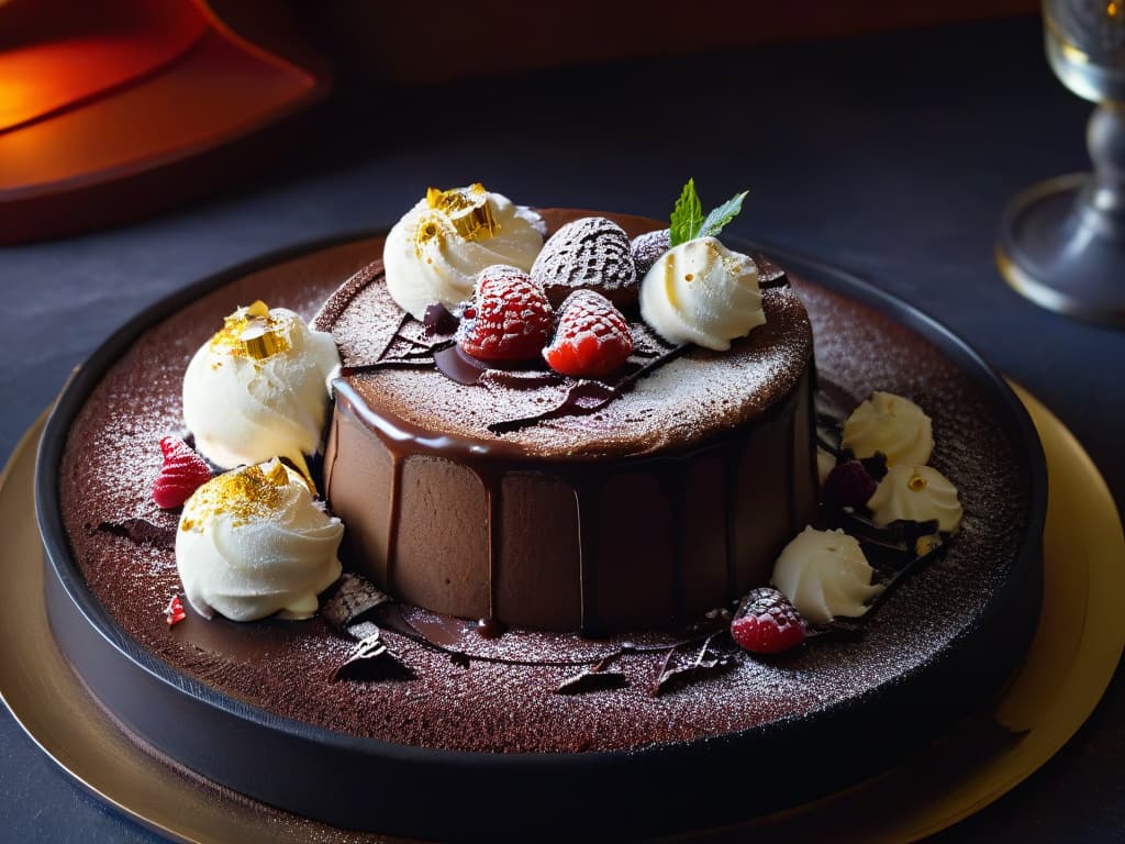  A closeup, ultradetailed image of a delicate and elegant dessert plate with a meticulously plated chocolate lava cake at the center. The cake is topped with a perfectly quenelled scoop of vanilla bean ice cream, surrounded by drizzles of raspberry coulis and dusted with edible gold flakes. The plate sits on a sleek, modern black surface, with soft, diffused lighting highlighting the intricate details of the dessert presentation. hyperrealistic, full body, detailed clothing, highly detailed, cinematic lighting, stunningly beautiful, intricate, sharp focus, f/1. 8, 85mm, (centered image composition), (professionally color graded), ((bright soft diffused light)), volumetric fog, trending on instagram, trending on tumblr, HDR 4K, 8K