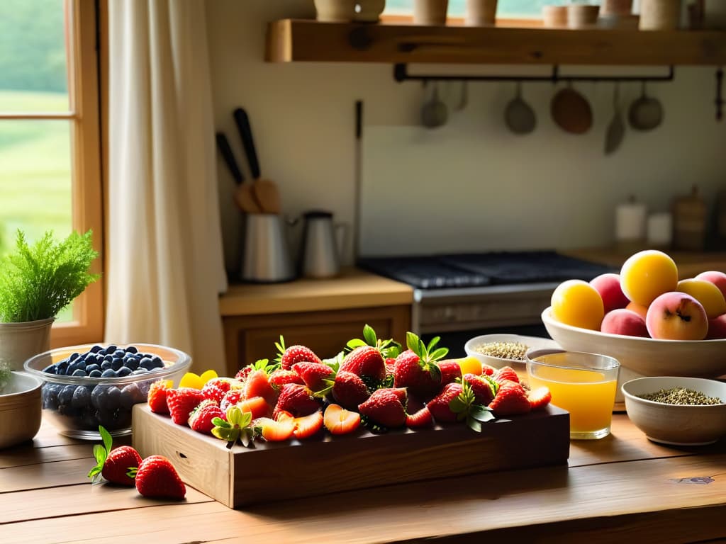  An ultradetailed image of a rustic wooden table adorned with an array of vibrant, freshly picked organic fruits such as ripe strawberries, glossy blueberries, and juicy peaches. In the background, a softfocused farmhouse kitchen with sunlit windows and hanging pots overflowing with herbs. The image captures the essence of farmtotable cooking, showcasing the beauty and freshness of organic ingredients in a simple yet elegant composition. hyperrealistic, full body, detailed clothing, highly detailed, cinematic lighting, stunningly beautiful, intricate, sharp focus, f/1. 8, 85mm, (centered image composition), (professionally color graded), ((bright soft diffused light)), volumetric fog, trending on instagram, trending on tumblr, HDR 4K, 8K