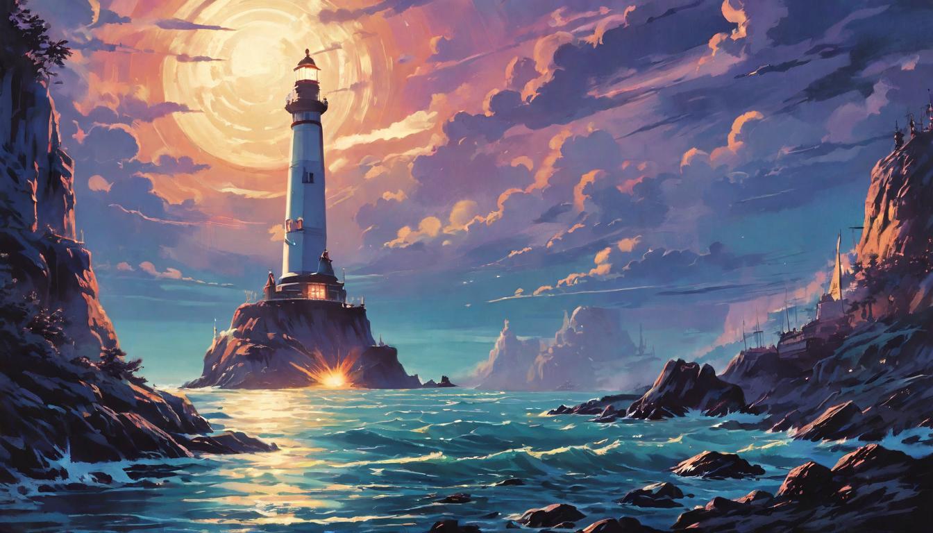  retro futuristic lighthouse at dusk, beam of light, guiding ships, symbol of hope, navigating dark waters lvintage sci fi, 50s and 60s style, atomic age, vibrant, highly detailed