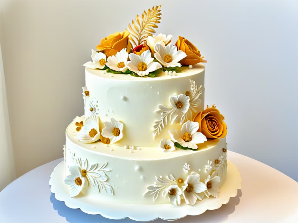  A closeup, ultradetailed image of a perfectly frosted and decorated threetiered cake, showcasing intricate piping work, delicate fondant flowers, and shimmering edible gold accents, all set against a clean, white background to emphasize the professional craftsmanship and artistry involved in home baking. hyperrealistic, full body, detailed clothing, highly detailed, cinematic lighting, stunningly beautiful, intricate, sharp focus, f/1. 8, 85mm, (centered image composition), (professionally color graded), ((bright soft diffused light)), volumetric fog, trending on instagram, trending on tumblr, HDR 4K, 8K