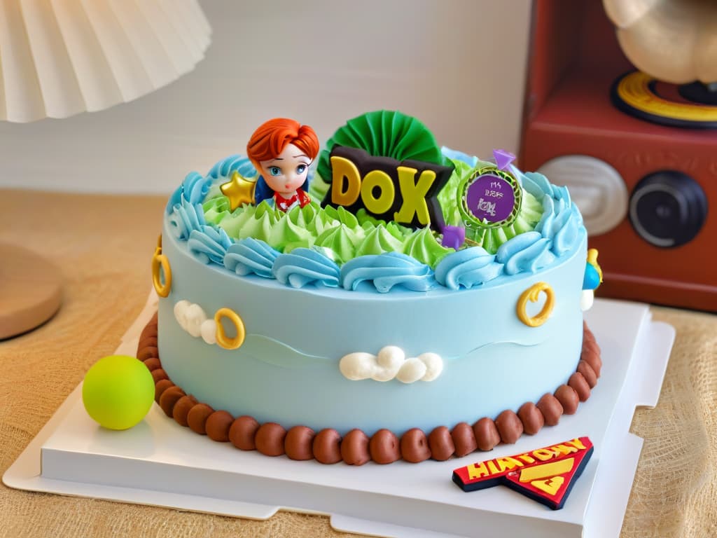  An 8k ultradetailed image of a colorful and intricately decorated Toy Storythemed cake, featuring iconic characters like Woody, Buzz Lightyear, and Jessie, all beautifully crafted with fondant and edible decorations. The cake is placed on a sleek, white cake stand, with a simple, elegant background to highlight the intricate details of the design. hyperrealistic, full body, detailed clothing, highly detailed, cinematic lighting, stunningly beautiful, intricate, sharp focus, f/1. 8, 85mm, (centered image composition), (professionally color graded), ((bright soft diffused light)), volumetric fog, trending on instagram, trending on tumblr, HDR 4K, 8K