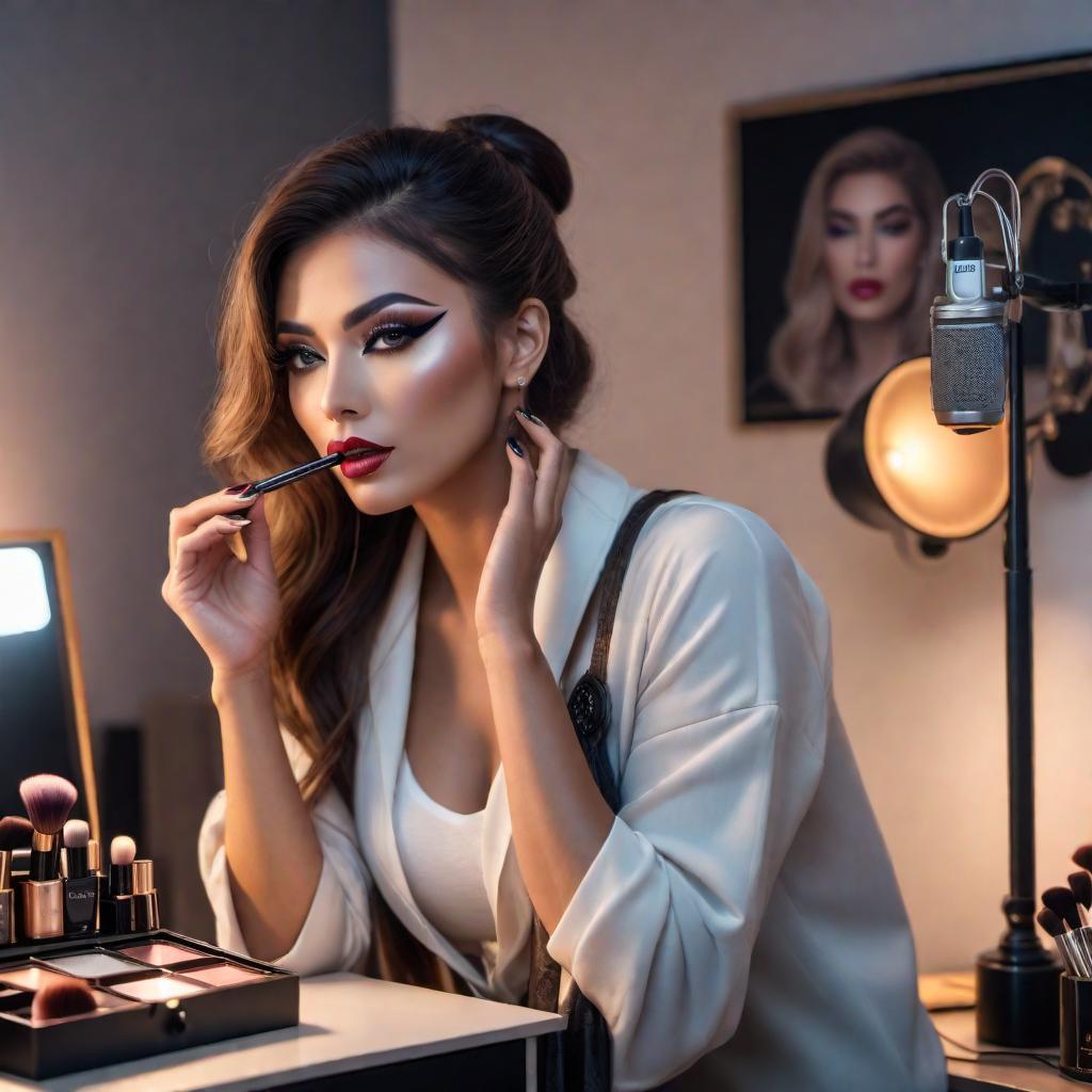  A girl in her room doing her make up while listening to music hyperrealistic, full body, detailed clothing, highly detailed, cinematic lighting, stunningly beautiful, intricate, sharp focus, f/1. 8, 85mm, (centered image composition), (professionally color graded), ((bright soft diffused light)), volumetric fog, trending on instagram, trending on tumblr, HDR 4K, 8K