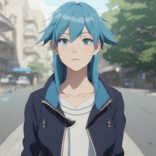  masterpiece. blurry background. loocing at viewers. 1girl. blue hair. Makoto Shinkai style. bangs. vibrant colors. 8K. high details. in the style skin of furry art. Ferrania p30. blue eyes. full body