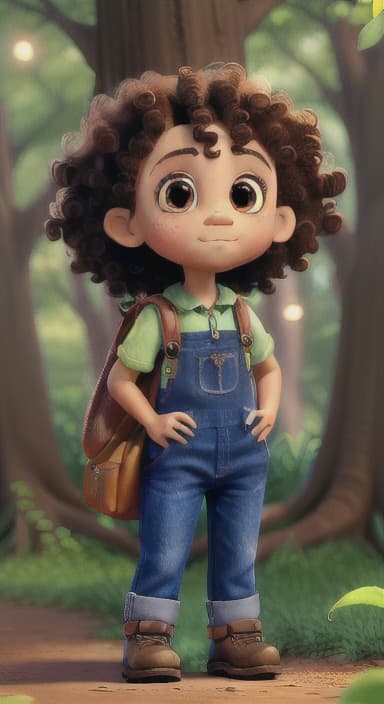  {The tree with a twinkling eye, while its leaves gently rustle., Riley, a curious with big brown eyes and curly hair, wearing overalls and carrying a small backpack. Their friend, Skye, a bluebird with shiny feathers.