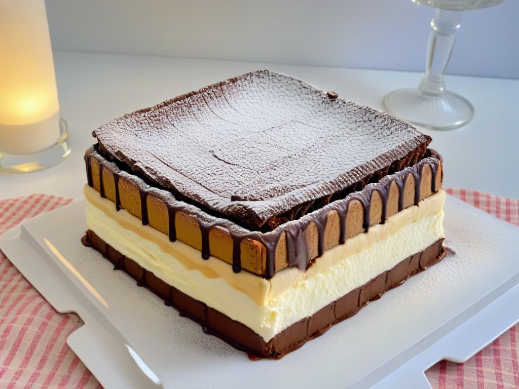  A closeup, ultradetailed image of a perfectly layered Tiramisu dessert in a transparent glass dish, showcasing the intricate layers of espressosoaked ladyfingers, rich mascarpone cream, and a dusting of cocoa powder on top. The focus is on the delicate textures and contrasting colors of the dessert, highlighting the artistry and precision required in creating this classic Italian treat. The lighting is soft and elegant, emphasizing the luxurious simplicity of the dessert while inviting the viewer to appreciate the beauty of this timeless sweet creation. hyperrealistic, full body, detailed clothing, highly detailed, cinematic lighting, stunningly beautiful, intricate, sharp focus, f/1. 8, 85mm, (centered image composition), (professionally color graded), ((bright soft diffused light)), volumetric fog, trending on instagram, trending on tumblr, HDR 4K, 8K