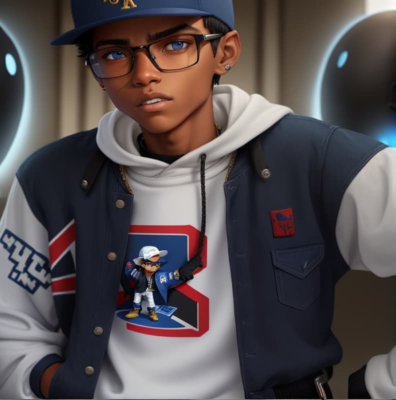  A 17-year old male hip hop musician with golden tan skin, short dark blue hair, blue eyes, and glasses wearing a white sweatshirt, a blue, red, white, and black varsity jacket, jeans with a belt, boots, and a snapback hat standing with hands on his hips with a serious expression inside an alien spaceship. 2D comic style sci-fi landscape , masterpieces, top quality, best quality, official art, beautiful and aesthetic, realistic, 4K, 8K