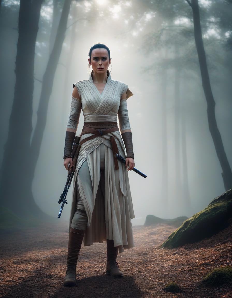  "Rey" hyperrealistic, full body, detailed clothing, highly detailed, cinematic lighting, stunningly beautiful, intricate, sharp focus, f/1. 8, 85mm, (centered image composition), (professionally color graded), ((bright soft diffused light)), volumetric fog, trending on instagram, trending on tumblr, HDR 4K, 8K