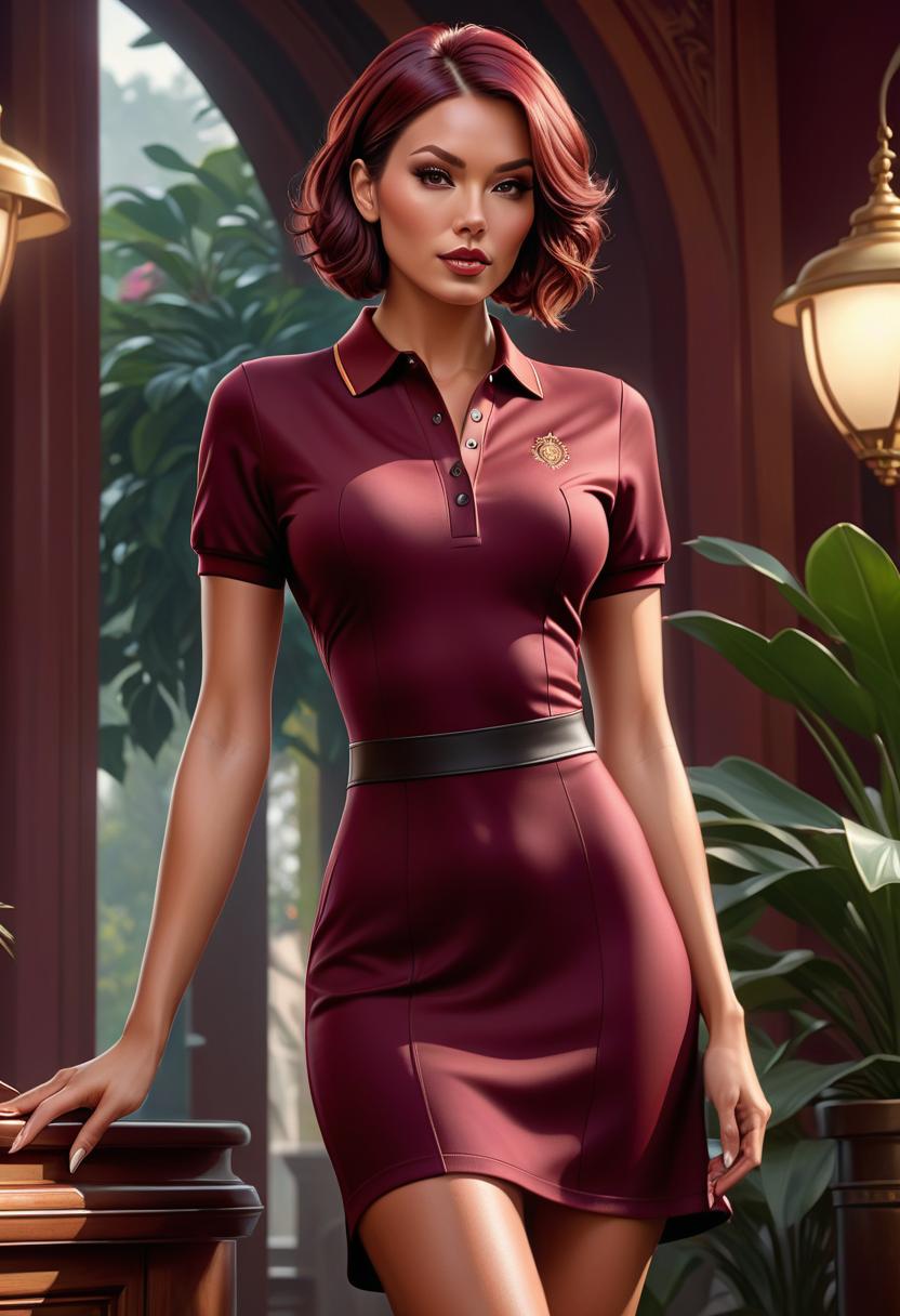  full body 2d digital illustration of a woman, wearing in burgundy polo dress, with brown bob hair , intricate, ultra detailing, cute face, art, cozy atmosphere, digital painting, artstation, concept art, smooth, sharp focus, illustration, art by artgerm and greg rutkowski and alphonse mucha hyperrealistic, full body, detailed clothing, highly detailed, cinematic lighting, stunningly beautiful, intricate, sharp focus, f/1. 8, 85mm, (centered image composition), (professionally color graded), ((bright soft diffused light)), volumetric fog, trending on instagram, trending on tumblr, HDR 4K, 8K