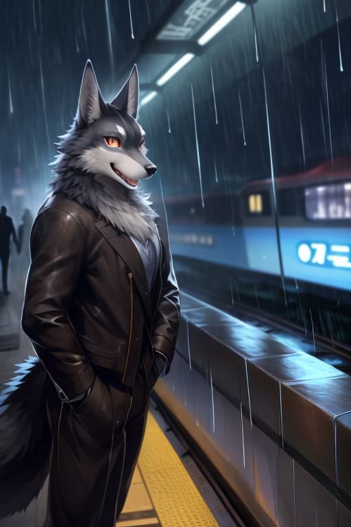  masterpiece, best quality, perfect anatomy, bright eyes, watery eyes, by t.y.stars, by null ghost, by k0bit0wani, furry, wolf, (felis:0.25), male, solo, female clothing, (open smile:1.1), gentle, looking at viewer, train station, rain, (waterdrop:0.9), grey sky, raining, (fog:0.4), detailed background hyperrealistic, full body, detailed clothing, highly detailed, cinematic lighting, stunningly beautiful, intricate, sharp focus, f/1. 8, 85mm, (centered image composition), (professionally color graded), ((bright soft diffused light)), volumetric fog, trending on instagram, trending on tumblr, HDR 4K, 8K