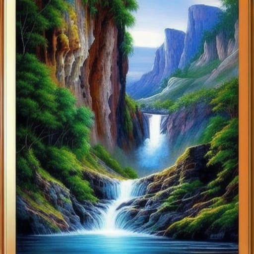  beautiful cliff and waterfall painting