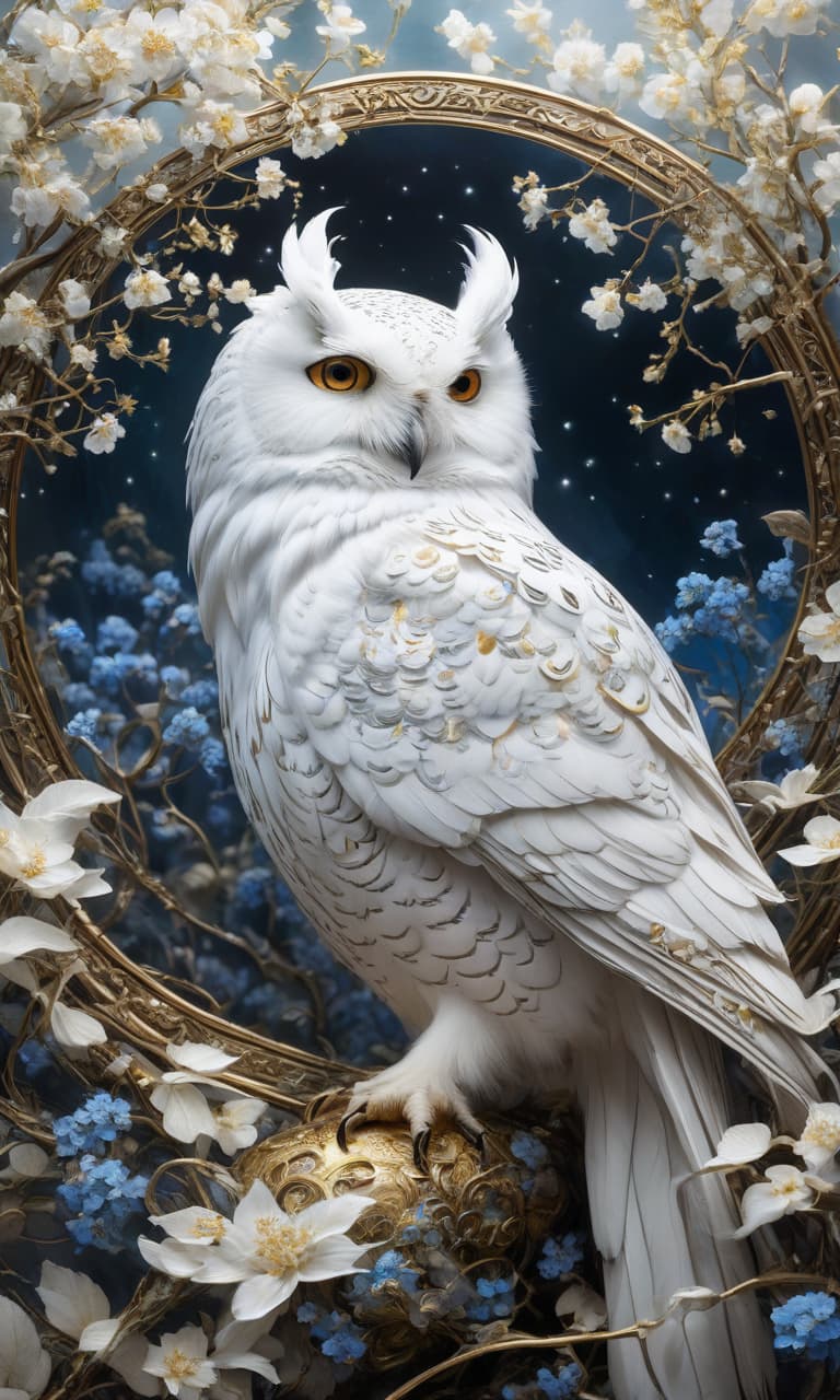  Digital illustration in ink and watercolor on vellum. Gorgeous correct, realistic white owl. Beautiful, majestic, mystical, epic appearance:: detailed white plumage. Background:: surreal abstract with runic circle, thin vines, forget me not flowers, fantastic golden blossoms. Glowing signs and sparkling particles. Detailed detailing. Stylistics: fairy tale, dream, fantasy, modern. In the manner of Peter Papikhin, Fragonard and Van Gogh. High quality, HDR. hyperrealistic, full body, detailed clothing, highly detailed, cinematic lighting, stunningly beautiful, intricate, sharp focus, f/1. 8, 85mm, (centered image composition), (professionally color graded), ((bright soft diffused light)), volumetric fog, trending on instagram, trending on tumblr, HDR 4K, 8K