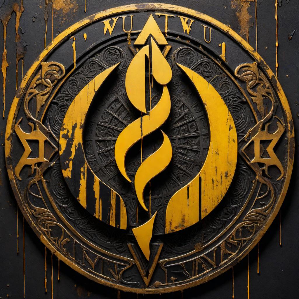  An artistic rendering of the Wu-Tang Clan logo, presented as the central element. The logo appears weathered, symbolizing its history and endurance. The background features a diverse color palette with dark tones and bright golden yellow areas, highlighting the logo's significance. Around the logo, various abstract forms and patterns add texture and evoke the complex, layered nature of Wu-Tang's music and lyrics. The overall style blends art and hip-hop culture, paying homage to the group's profound influence. hyperrealistic, full body, detailed clothing, highly detailed, cinematic lighting, stunningly beautiful, intricate, sharp focus, f/1. 8, 85mm, (centered image composition), (professionally color graded), ((bright soft diffused light)), volumetric fog, trending on instagram, trending on tumblr, HDR 4K, 8K