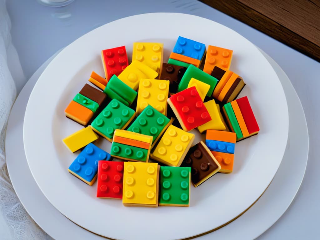  A closeup, ultradetailed image of colorful Legoshaped cookies arranged neatly on a sleek, modern white plate. Each cookie is meticulously decorated to resemble different Lego pieces, showcasing intricate details like studs, grooves, and vibrant hues. The lighting is soft, casting gentle shadows that add depth to the image, emphasizing the precise craftsmanship of the cookies. The background is blurred to keep the focus solely on the intricate, artistic cookies, creating a visually striking and minimalist composition that perfectly complements the theme of the article. hyperrealistic, full body, detailed clothing, highly detailed, cinematic lighting, stunningly beautiful, intricate, sharp focus, f/1. 8, 85mm, (centered image composition), (professionally color graded), ((bright soft diffused light)), volumetric fog, trending on instagram, trending on tumblr, HDR 4K, 8K