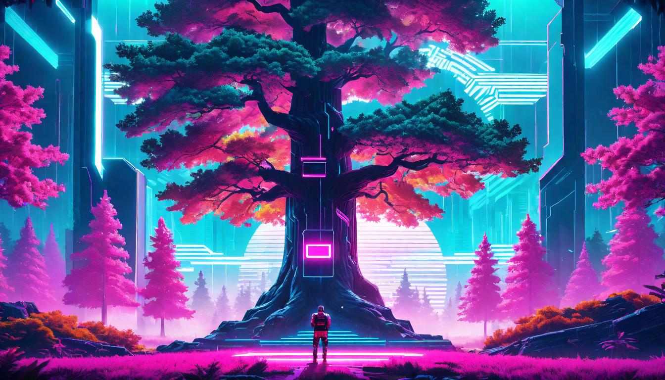  vaporwave,cyberpunk game style A mirror reflecting the strong stance of an oak tree amidst a forest clearing. Self reflection, Recognizing inner strength, Firmly rooted self esteem, A testament to self preservation.eon, dystopian, futuristic, digital, vibrant, detailed, high contrast, reminiscent of cyberpunk genre video games,retro aesthetic, cyberpunk, vibrant, neon colors, vintage 80s and 90s style, highly detailed