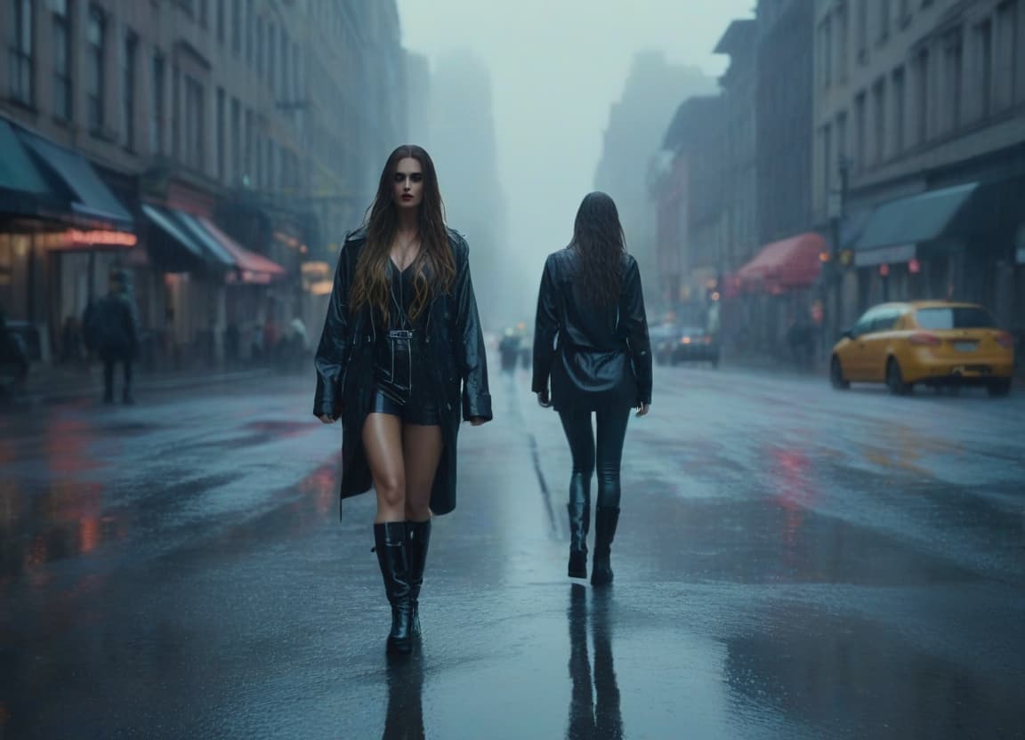  A long haired girl with bright makeup walks through the city in the rain on puddles. hyperrealistic, full body, detailed clothing, highly detailed, cinematic lighting, stunningly beautiful, intricate, sharp focus, f/1. 8, 85mm, (centered image composition), (professionally color graded), ((bright soft diffused light)), volumetric fog, trending on instagram, trending on tumblr, HDR 4K, 8K