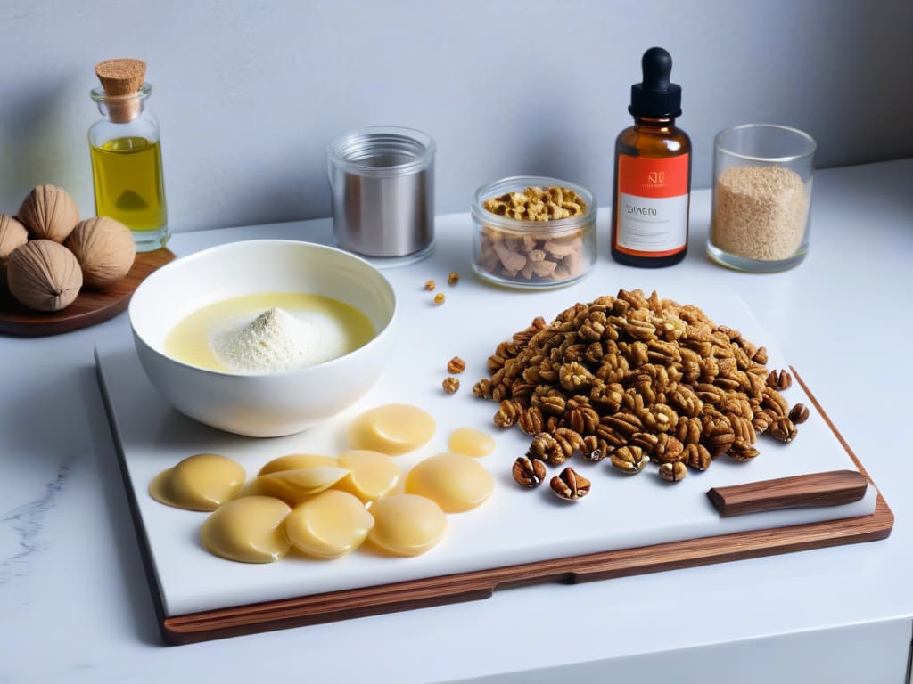  An exquisitely arranged flat lay image showcasing a sleek, modern kitchen countertop adorned with a variety of baking ingredients and tools. Prominently featured are a bottle of luxurious walnut oil, a scattering of whole walnuts in their shells, a stack of pristine measuring cups, and a pristine marble mortar and pestle. The soft, natural lighting casts gentle shadows, highlighting the textures and colors of the items, creating an elegant and inviting composition that exudes sophistication and culinary artistry. hyperrealistic, full body, detailed clothing, highly detailed, cinematic lighting, stunningly beautiful, intricate, sharp focus, f/1. 8, 85mm, (centered image composition), (professionally color graded), ((bright soft diffused light)), volumetric fog, trending on instagram, trending on tumblr, HDR 4K, 8K