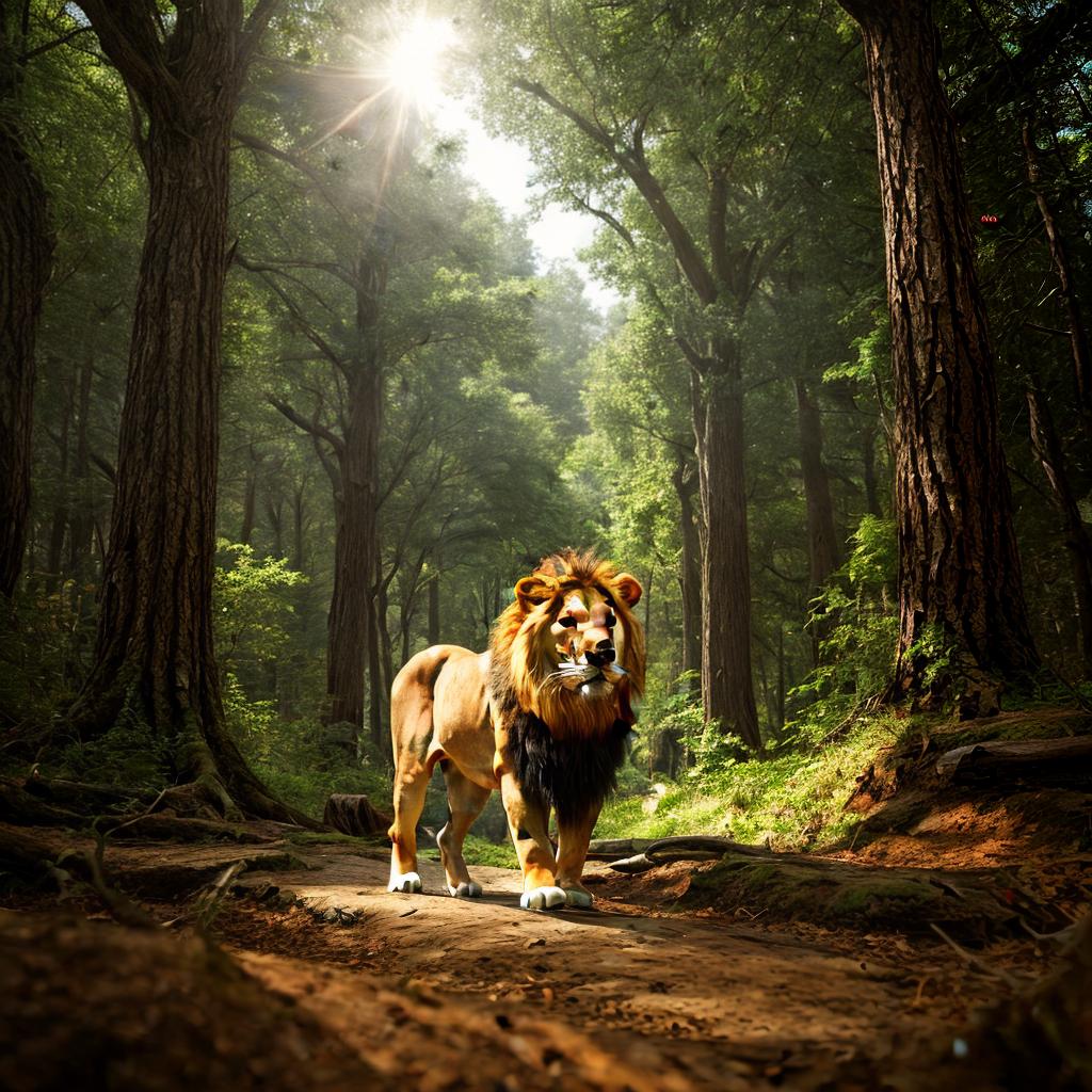  a lion stay in a fantasy rich forrest, cartoon character by Disney, best quality, ultrahigh resolution, highly detailed, (sharp focus), masterpiece, (centered image composition), (professionally color graded), ((bright soft diffused light)), trending on instagram, trending on tumblr, HDR 4K