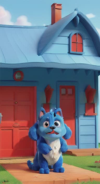  {Max the big blue dog standing in front of a cozy little house with a red door, The big blue dog is large with sky blue fur, big round eyes, a black nose, and floppy ears.