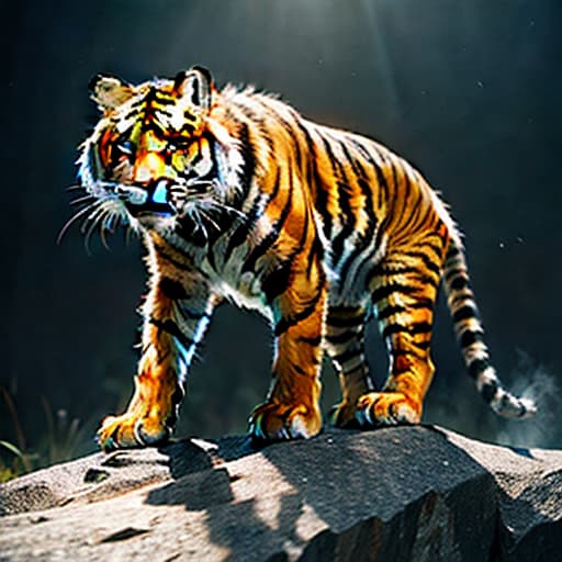  10$tiger,4k,masterpieace hyperrealistic, full body, detailed clothing, highly detailed, cinematic lighting, stunningly beautiful, intricate, sharp focus, f/1. 8, 85mm, (centered image composition), (professionally color graded), ((bright soft diffused light)), volumetric fog, trending on instagram, trending on tumblr, HDR 4K, 8K