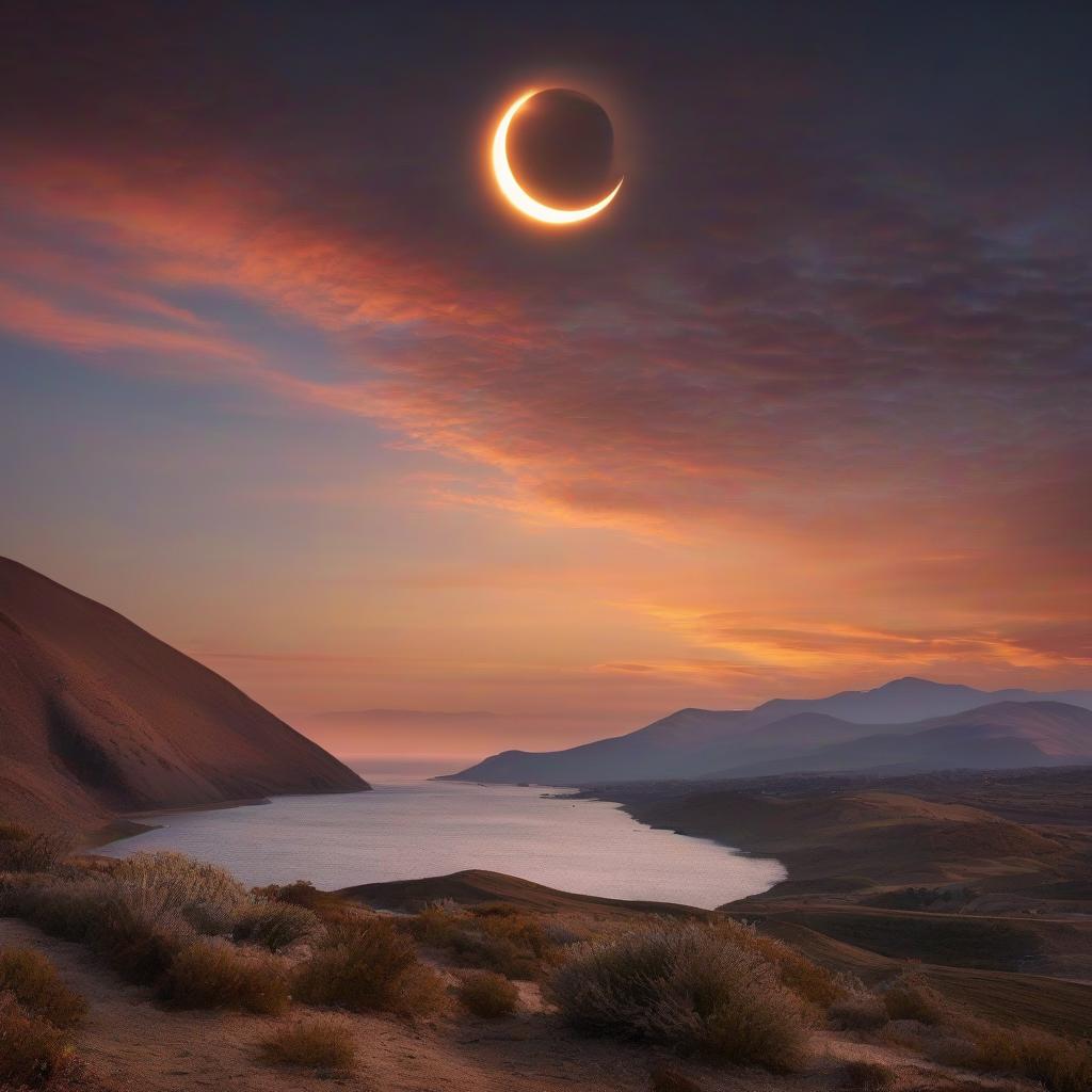  landscape of a Chile and Solar eclipse, it is very Supernatural, at Sunset, Realistic, F/8, Technicolor, romantic, magical atmosphere, beautiful detailed, vibrant, atmosphere, luxurious sharp focus, intricate, professional fine composition, artistic, luxurious, contemporary fine detail hyperrealistic, full body, detailed clothing, highly detailed, cinematic lighting, stunningly beautiful, intricate, sharp focus, f/1. 8, 85mm, (centered image composition), (professionally color graded), ((bright soft diffused light)), volumetric fog, trending on instagram, trending on tumblr, HDR 4K, 8K