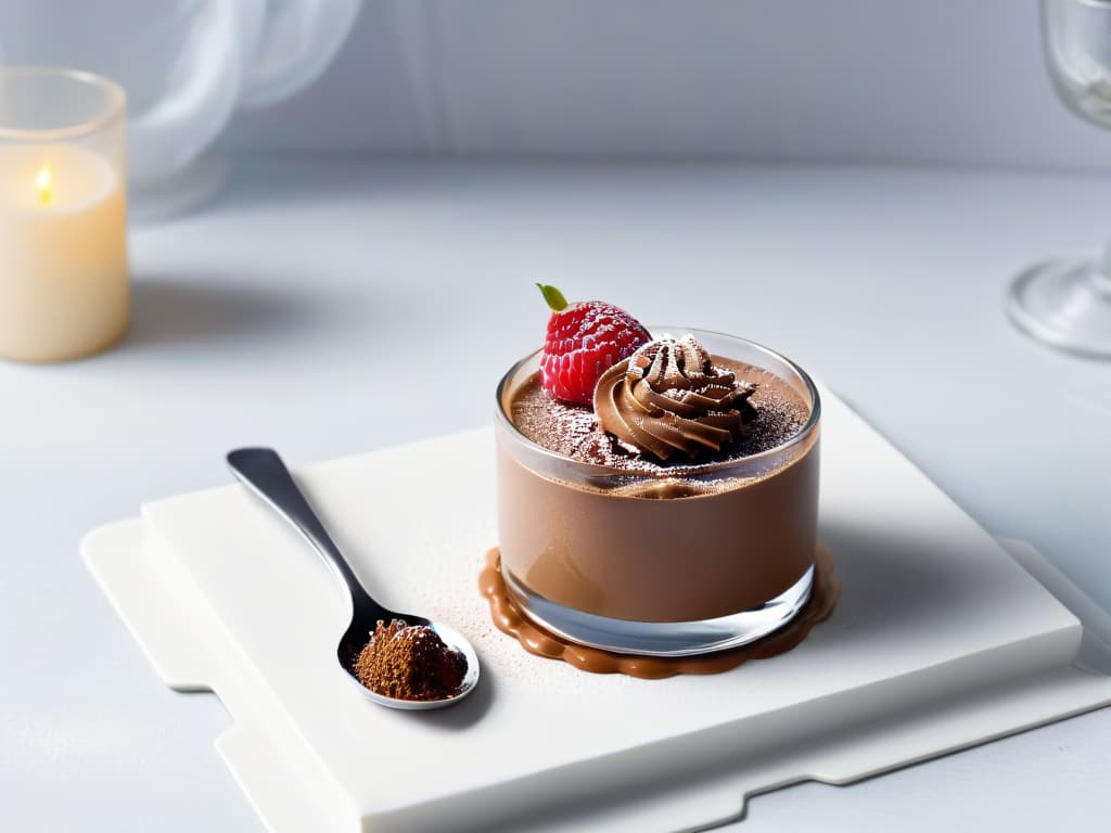  An elegant, minimalistic image of a vintage silver spoon delicately scooping a rich, velvety chocolate mousse from a crystal glass dessert dish. The glossy mousse glistens under soft, natural lighting, showcasing its smooth texture and decadent appeal. The background is blurred to keep the focus solely on the luxurious dessert, creating a sense of sophistication and indulgence. hyperrealistic, full body, detailed clothing, highly detailed, cinematic lighting, stunningly beautiful, intricate, sharp focus, f/1. 8, 85mm, (centered image composition), (professionally color graded), ((bright soft diffused light)), volumetric fog, trending on instagram, trending on tumblr, HDR 4K, 8K