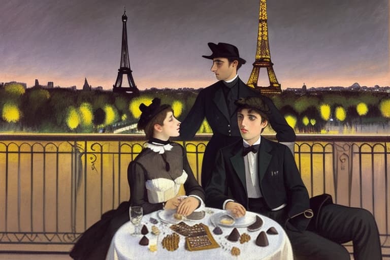  attractive young Parisian couple dressed in modern designer outfits who are romantically together in Paris. Foreground a small plate of fine dark chocolate pieces of candy on a bedside table. Background night with a lite Eiffel Tour Monument. Painting style of Edgar Degas