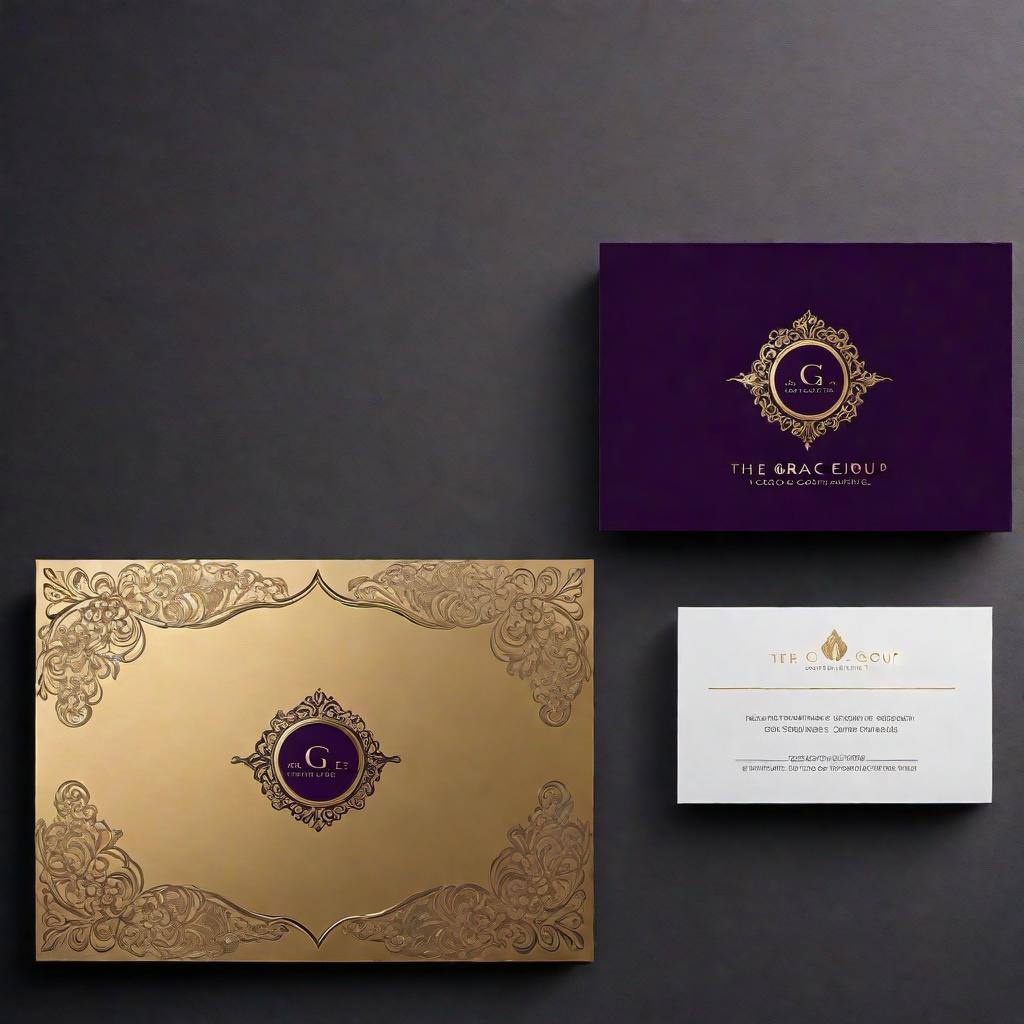  Create a sophisticated and elegant cover page for a website titled 'The Grace Group of Companies, LLC'. The color scheme includes Gold, dark grey, and a touch of royal purple or navy blue. The design should be luxurious and professional. Additionally, design matching business card, letterhead, and envelope. hyperrealistic, full body, detailed clothing, highly detailed, cinematic lighting, stunningly beautiful, intricate, sharp focus, f/1. 8, 85mm, (centered image composition), (professionally color graded), ((bright soft diffused light)), volumetric fog, trending on instagram, trending on tumblr, HDR 4K, 8K