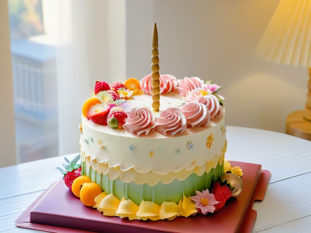  An intricately decorated vegan unicorn cake, featuring pastelcolored fondant, edible glitter, and delicate sugar flowers. The cake is set on a wooden table, surrounded by vibrant fruits and a scattering of rainbow sprinkles. Rays of sunlight filter through a nearby window, casting a soft, ethereal glow on the whimsical creation. hyperrealistic, full body, detailed clothing, highly detailed, cinematic lighting, stunningly beautiful, intricate, sharp focus, f/1. 8, 85mm, (centered image composition), (professionally color graded), ((bright soft diffused light)), volumetric fog, trending on instagram, trending on tumblr, HDR 4K, 8K